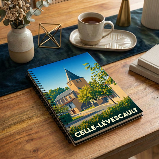 Carnet à spirales souvenir de la ville de Celle-Lévescault avec une illustration stylisée de son église.