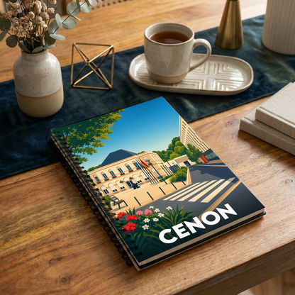 Carnet souvenir de la ville de Cenon avec une illustration stylisée de son hôtel de ville.