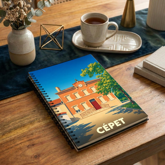 Carnet de notes à spirales souvenir de la ville de Cépet avec une illustration colorée et stylisée.