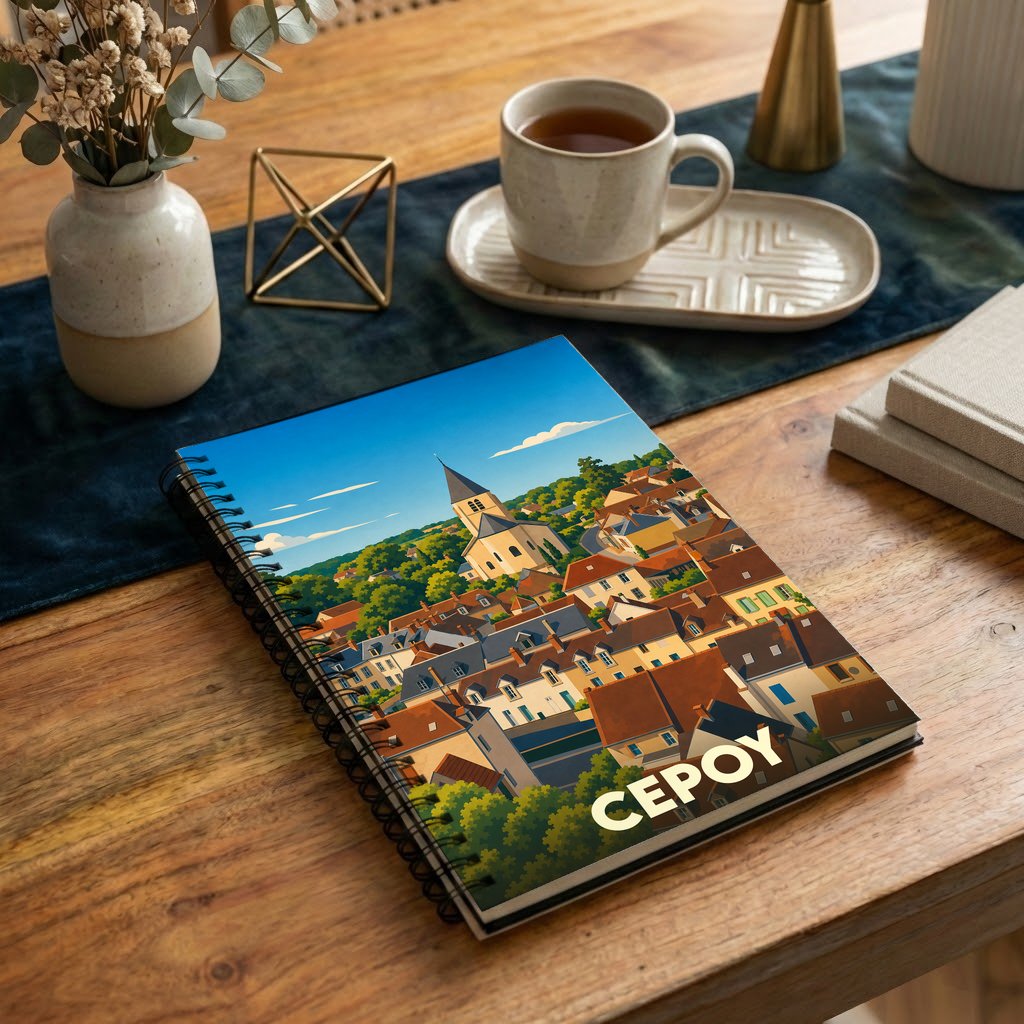 Carnet à spirale souvenir de la ville de Cepoy avec une illustration stylisée.