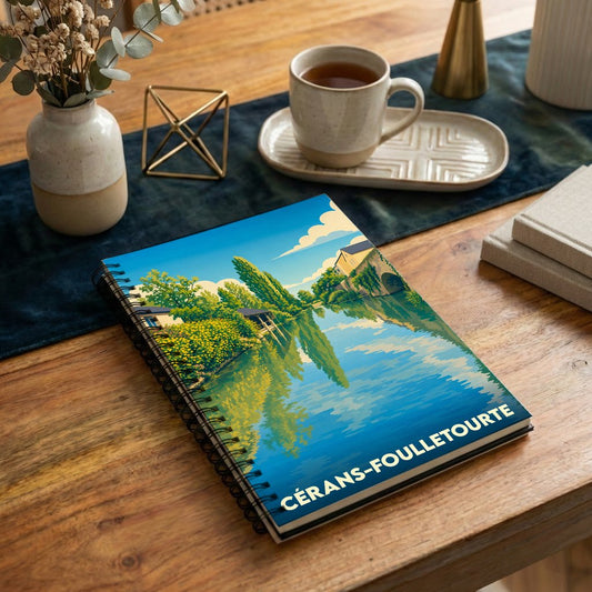 Carnet de notes souvenir de la ville de Cérans-Foulletourte avec une illustration stylisée d'un paysage de rivière.