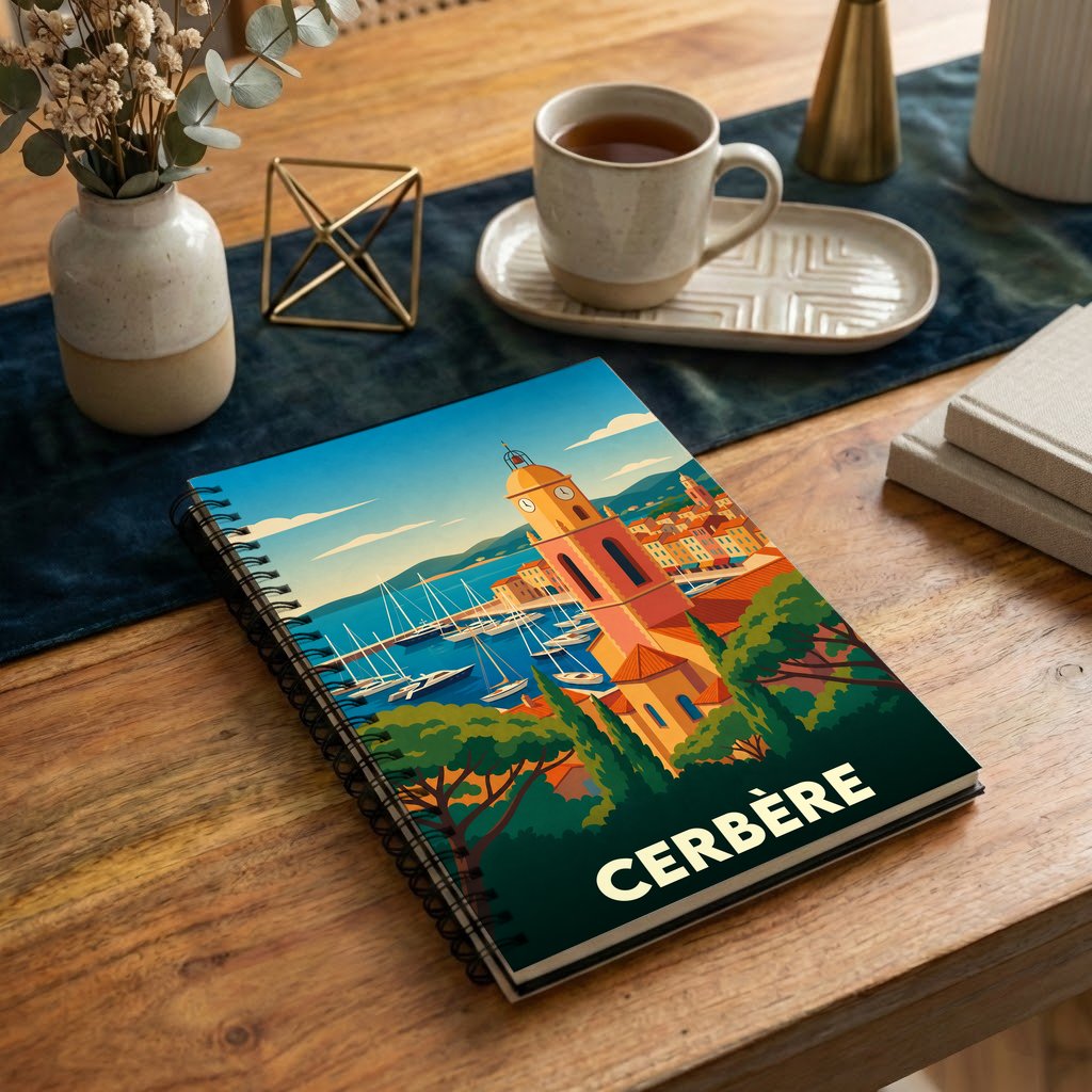 Carnet souvenir de la ville de Cerbère avec une illustration stylisée d'un port méditerranéen.