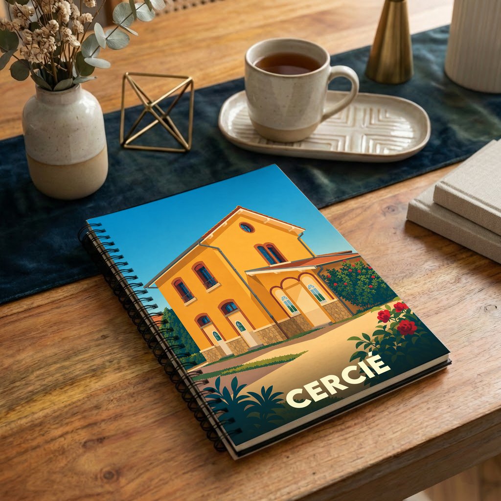 Carnet de notes souvenir de la ville de Cercié avec une illustration stylisée d'un bâtiment jaune.