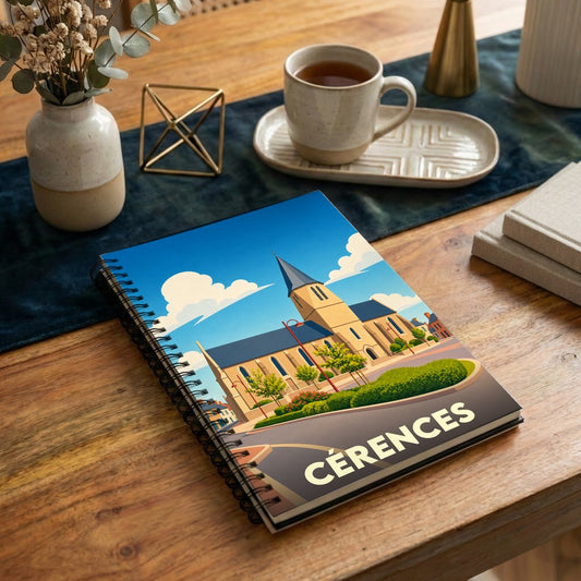 Carnet souvenir de la ville de Cérences avec une illustration stylisée de son église.