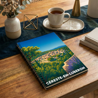 Carnet souvenir de la ville de Céreste-en-Luberon avec une illustration stylisée du village.