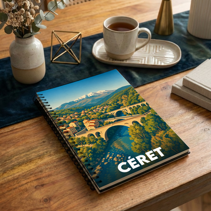 Carnet à spirales souvenir de la ville de Céret avec une illustration stylisée de son pont et des montagnes.