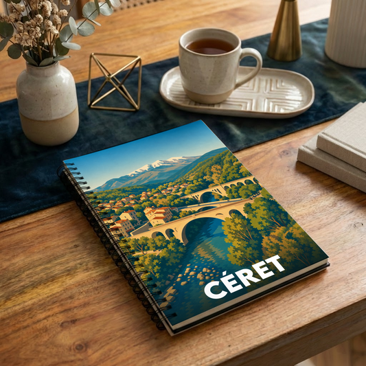 Carnet à spirales souvenir de la ville de Céret avec une illustration stylisée de son pont et des montagnes.