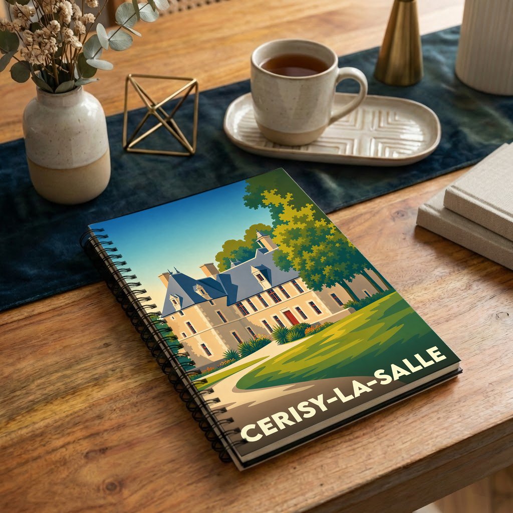 Carnet à spirales souvenir de Cerisy-la-Salle illustré d'un château de style vintage.