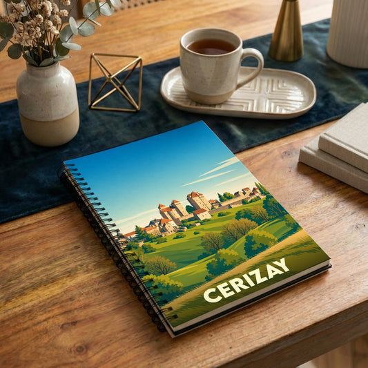 Carnet à spirale souvenir de la ville de Cerizay avec une illustration stylisée de son paysage et patrimoine.