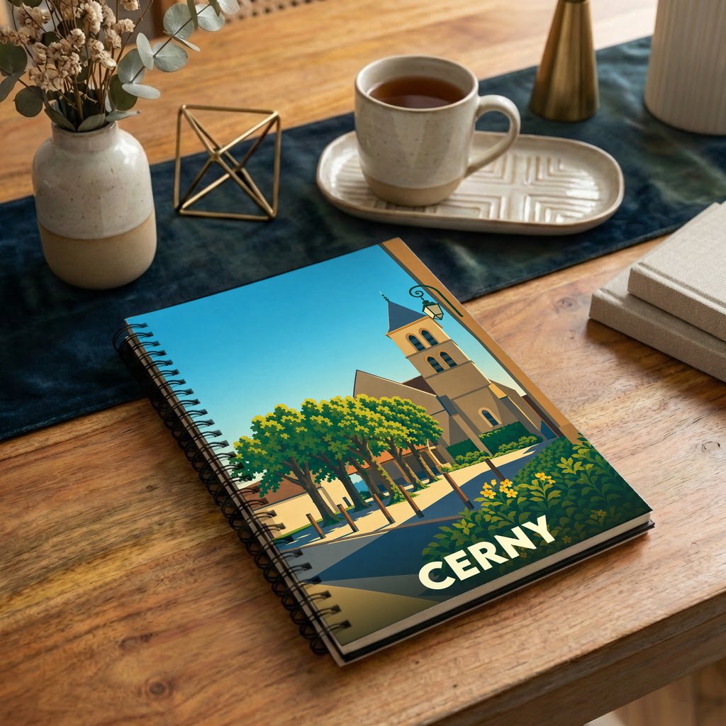 Carnet à spirales souvenir de la ville de Cerny avec une illustration stylisée.
