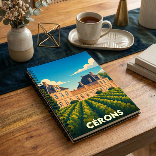 Carnet à spirales souvenir de la ville de Cérons avec une illustration stylisée d'un château et de ses vignobles.