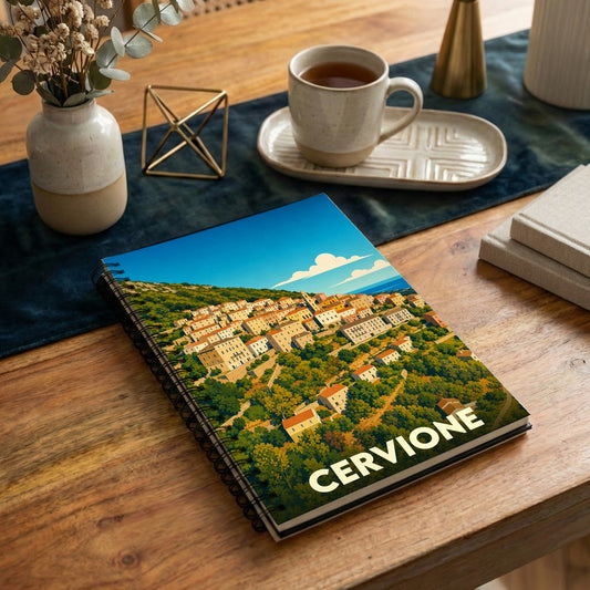Carnet à spirales souvenir de la ville de Cervione avec une illustration stylisée d'un village corse à flanc de montagne.