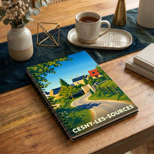 Carnet à spirales souvenir de la ville de Cesny-les-Sources avec une illustration de paysage champêtre stylisée.