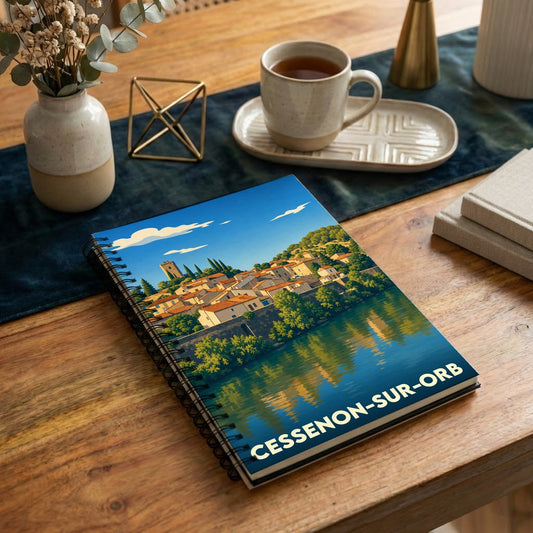 Carnet de notes souvenir de Cessenon-sur-Orb illustré d'un paysage urbain au bord de l'eau.