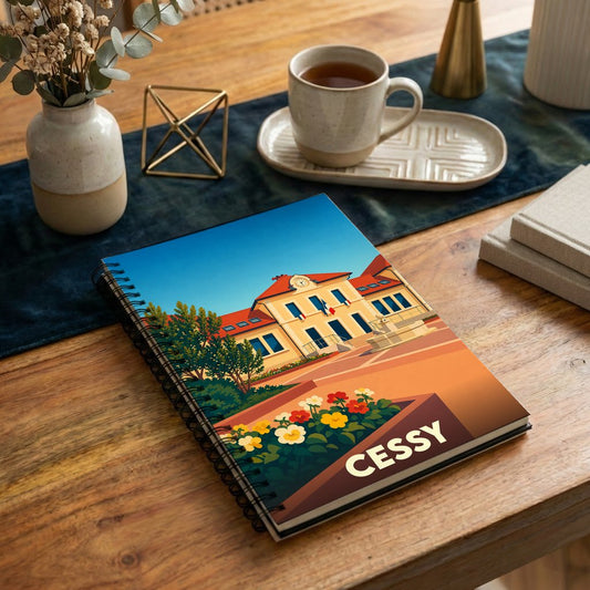 Carnet à spirales souvenir de la ville de Cessy avec une illustration stylisée de sa mairie.