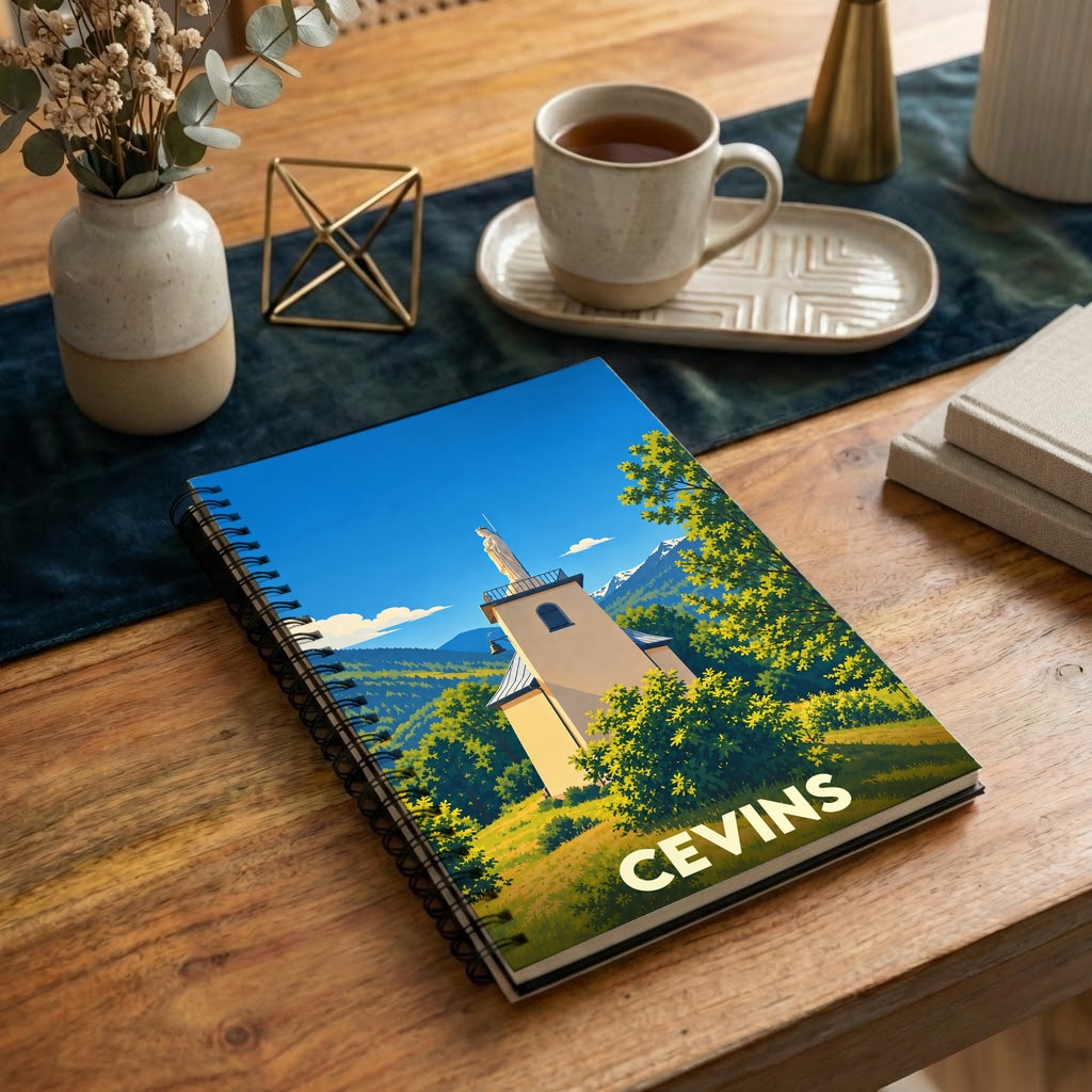 Carnet à spirales souvenir de la ville de Cevins avec une illustration stylisée d'une chapelle de montagne.
