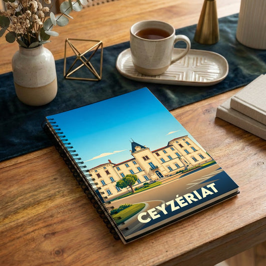 Carnet à spirales souvenir de la ville de Ceyzériat avec une illustration stylisée de son patrimoine.