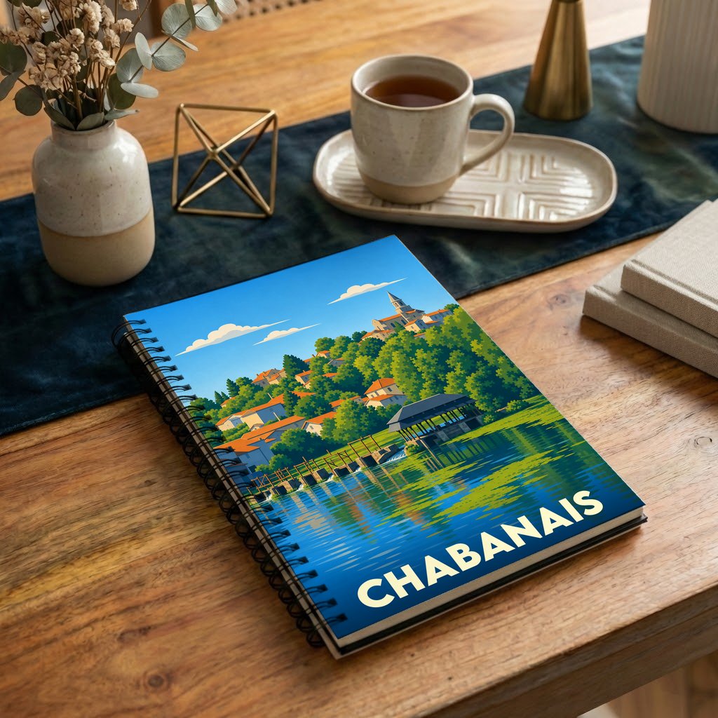 Carnet à spirales souvenir de la ville de Chabanais illustré par un paysage stylisé au bord de l'eau.