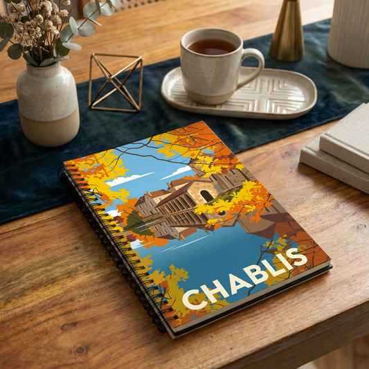 Carnet souvenir de la ville de Chablis avec une illustration stylisée d'un paysage automnal.