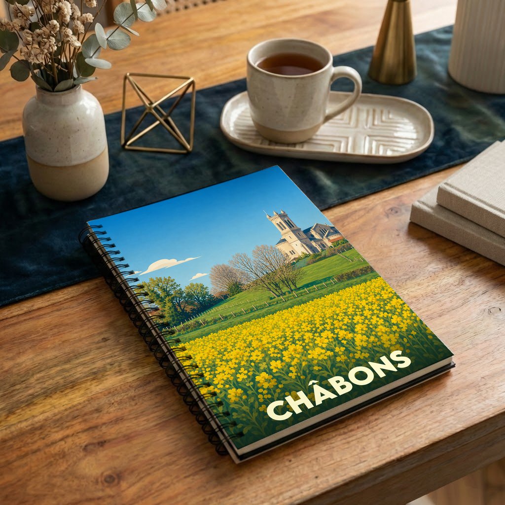 Carnet souvenir de la ville de Châbons avec une illustration stylisée d'un champ de fleurs jaune devant une église.