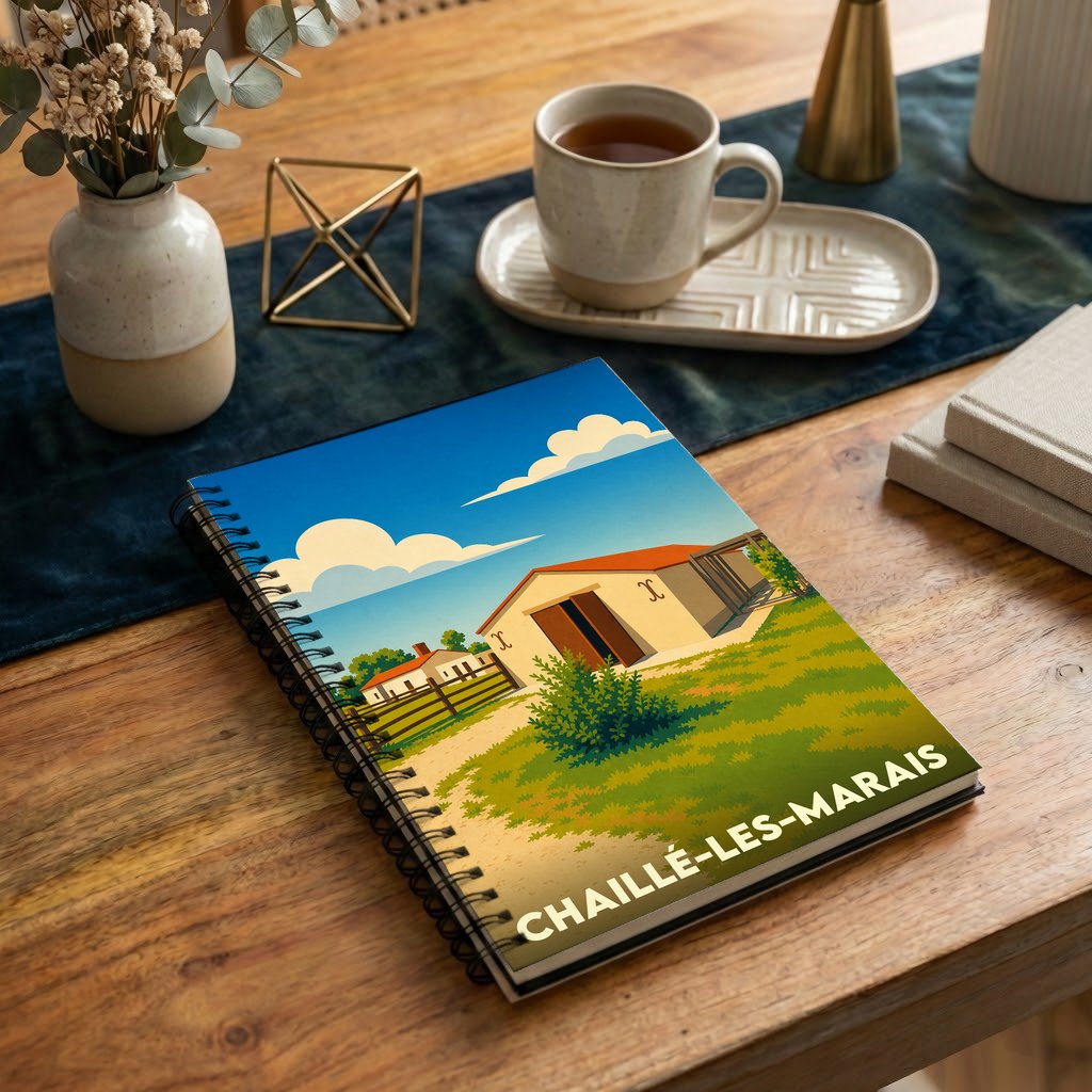 Carnet souvenir de la ville de Chaillé-les-Marais avec une illustration stylisée.