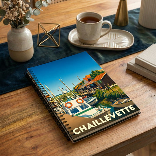 Carnet à spirales souvenir de la ville de Chaillevette avec une illustration stylisée d'un port de pêche.
