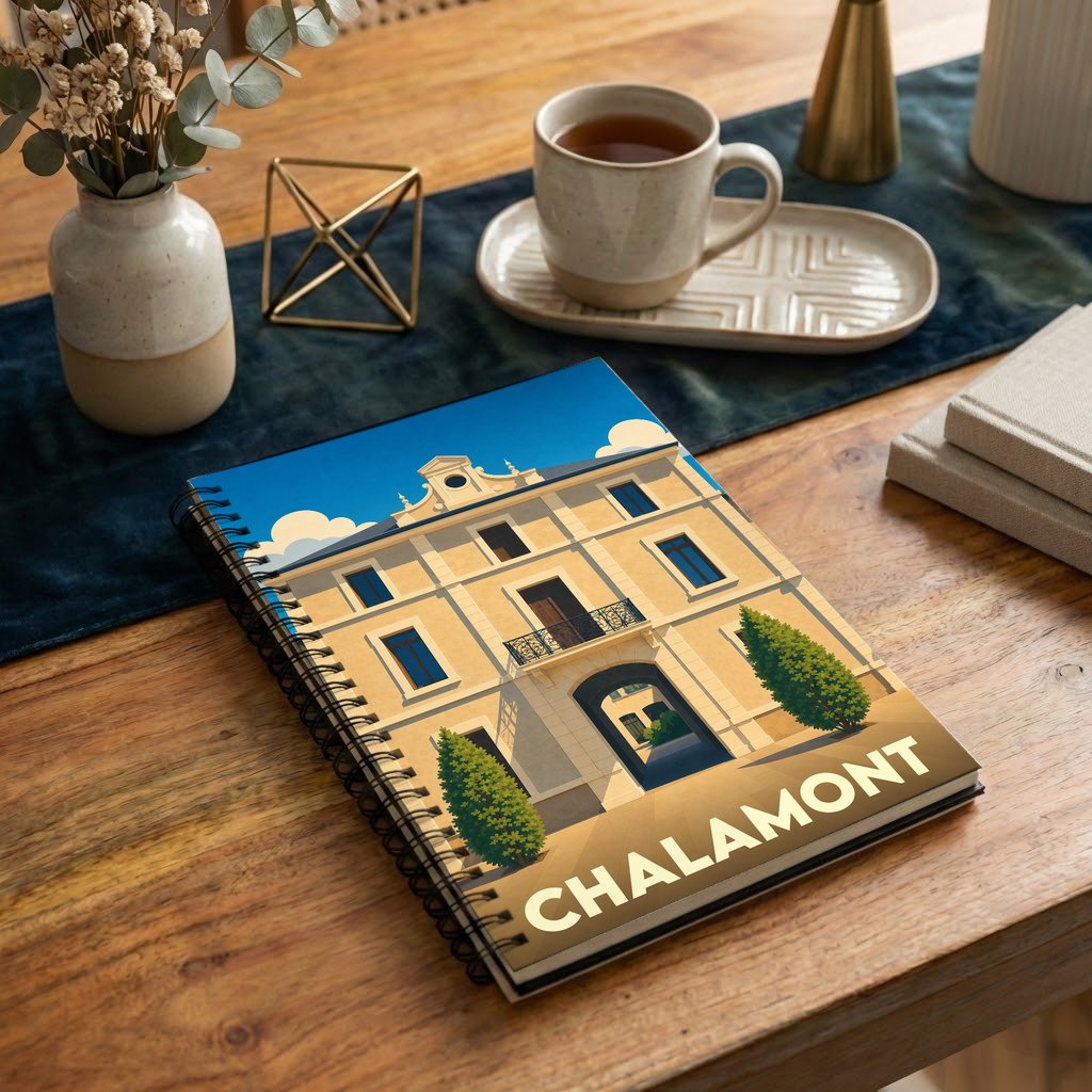 Carnet à spirales souvenir de la ville de Chalamont avec une illustration stylisée de son architecture.