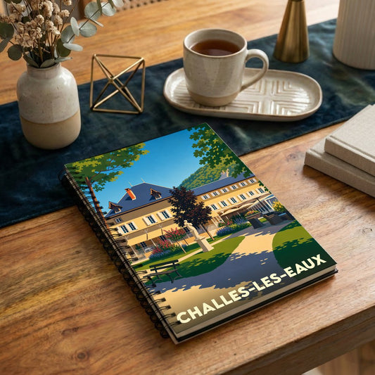 Carnet à spirales souvenir de la ville de Challes-les-Eaux avec une illustration stylisée de son château.