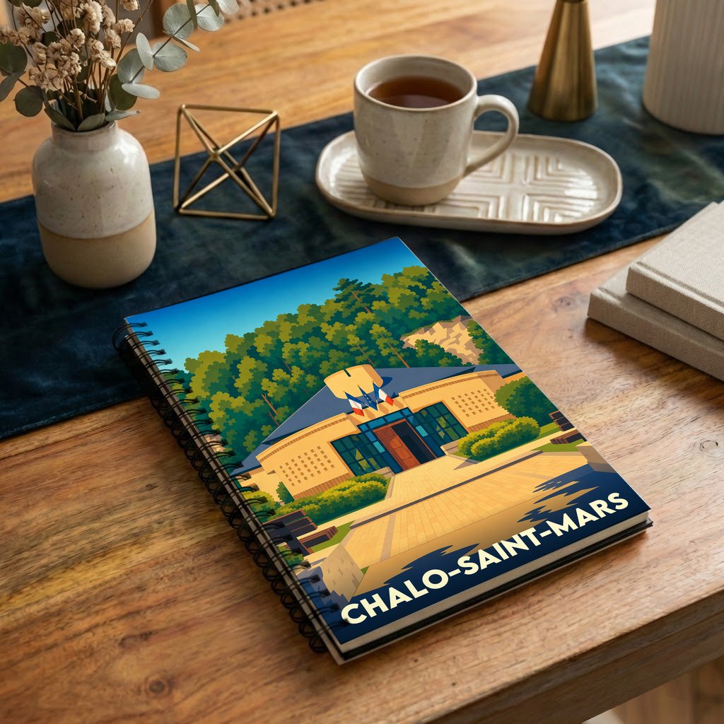 Carnet souvenir de la ville de Chalo-Saint-Mars avec une illustration colorée et stylisée.