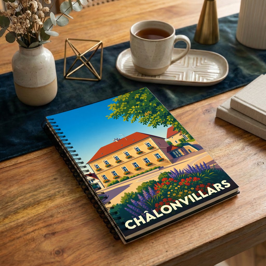 Carnet à spirale souvenir de la ville de Châlonvillars avec une illustration colorée et stylisée.