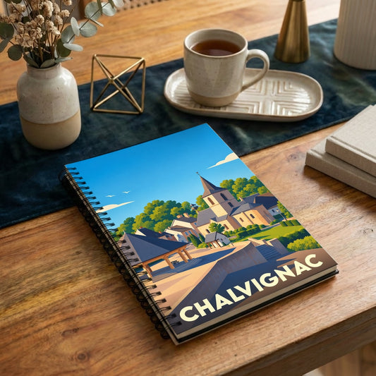 Carnet souvenir de la ville de Chalvignac illustré par un dessin stylisé de son église et de ses toits.