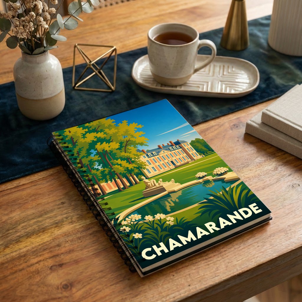 Carnet de notes à spirales souvenir du domaine de Chamarande avec une illustration stylisée du château et de son parc.