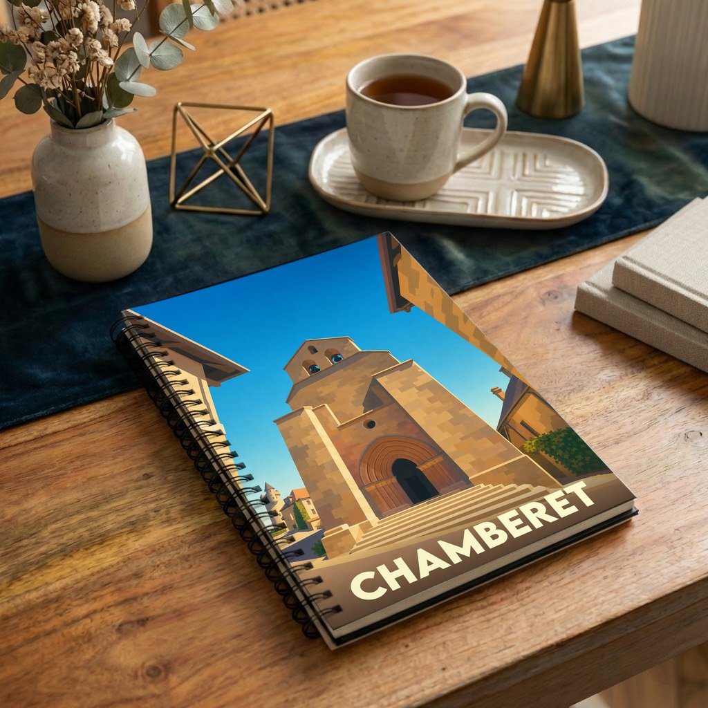 Carnet à spirales souvenir de la ville de Chamberet avec une illustration stylisée de son église.