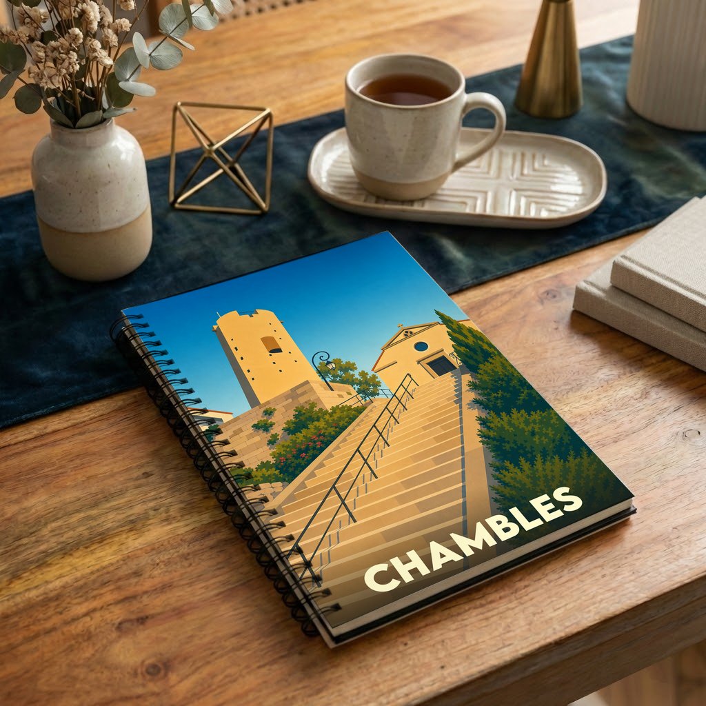 Carnet à spirales souvenir de la ville de Chambles avec une illustration stylisée.