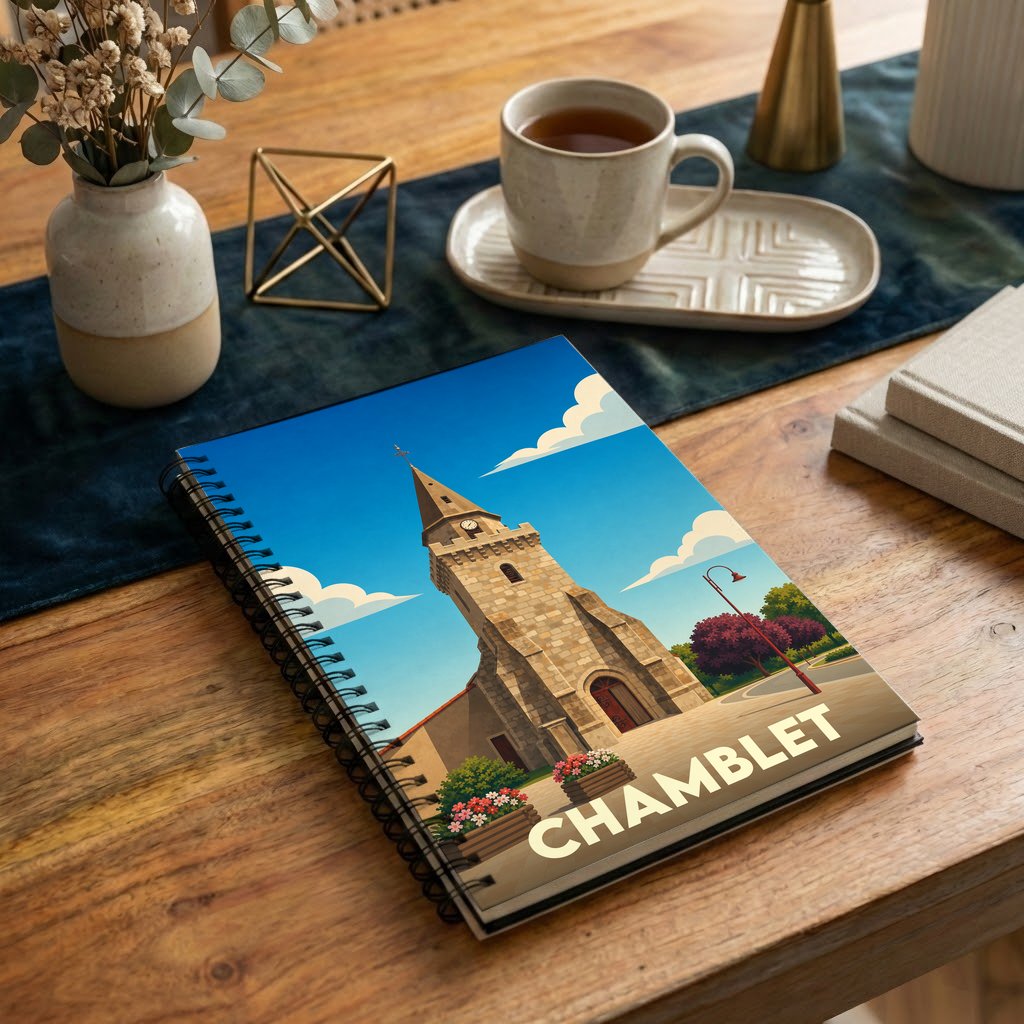 Carnet souvenir de la ville de Chamblet avec une illustration stylisée de son église.