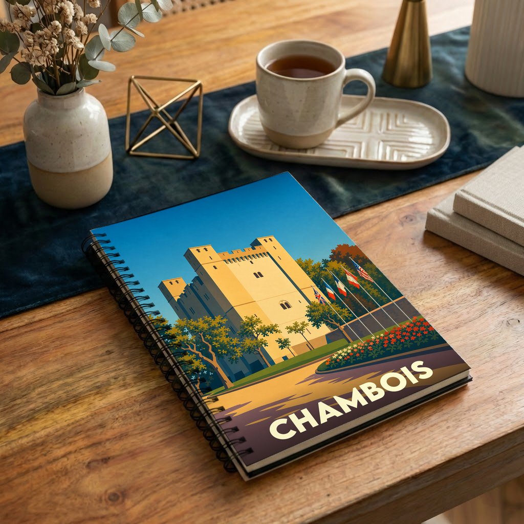 Carnet souvenir à spirale de la ville de Chambois avec une illustration stylisée de son donjon médiéval.