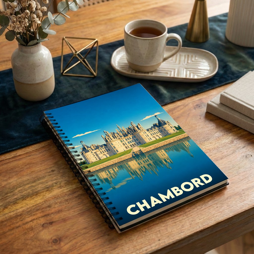 Carnet de notes à spirales souvenir de la ville de Chambord avec une illustration stylisée du château.