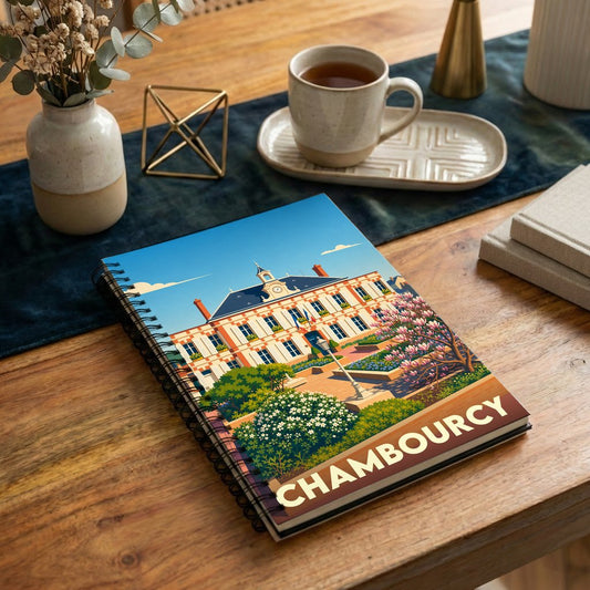 Carnet à spirales souvenir de la ville de Chambourcy avec une illustration stylisée de son hôtel de ville.