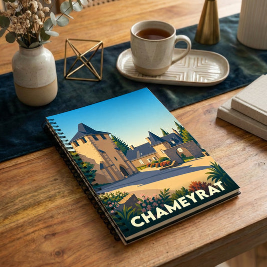 Carnet à spirale souvenir de la ville de Chameyrat avec une illustration stylisée d'un château.