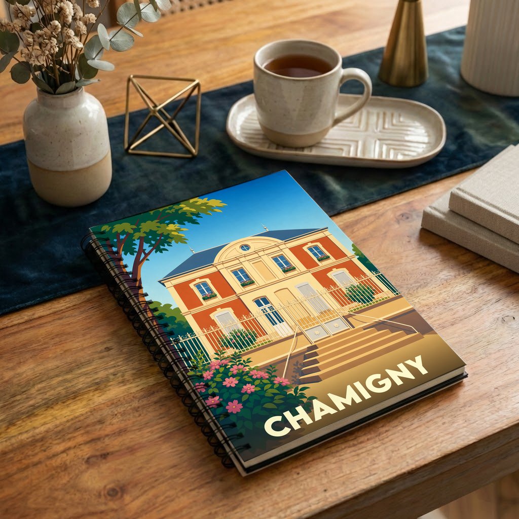 Carnet souvenir de la ville de Chamigny illustré d'un bâtiment historique au style graphique épuré.