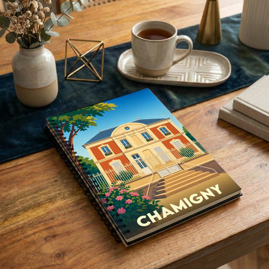 Carnet souvenir de la ville de Chamigny illustré d'un bâtiment historique au style graphique épuré.