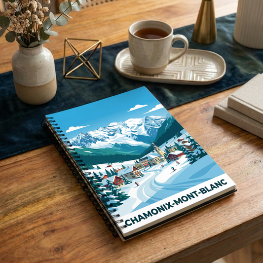 Carnet souvenir de la ville de Chamonix-Mont-Blanc avec une illustration stylisée.