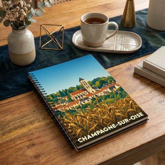 Carnet souvenir de la ville de Champagne-sur-Oise avec une illustration stylisée d'un village et de champs.
