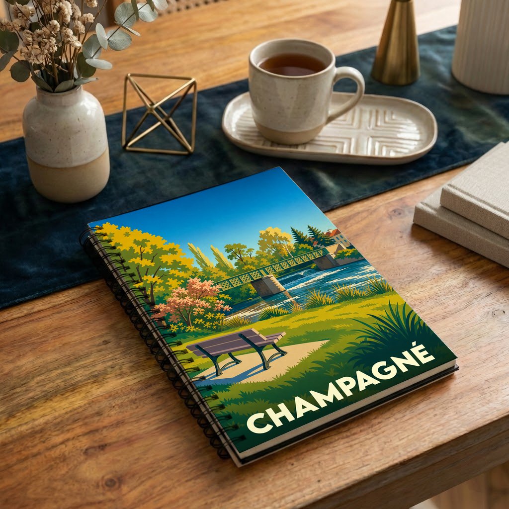 Carnet souvenir de la ville de Champagné avec une illustration stylisée d'un parc au bord de l'eau.