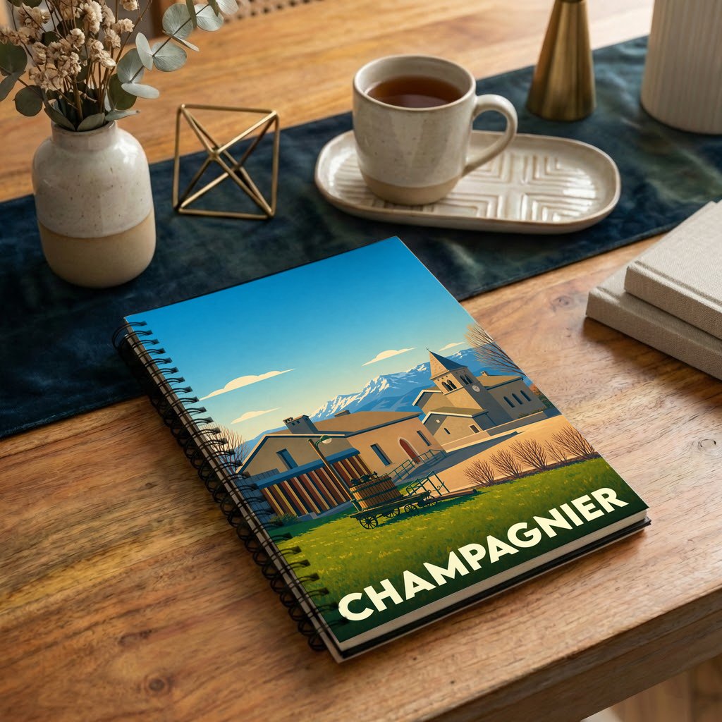 Carnet à spirales souvenir de la ville de Champagnier avec une illustration stylisée de style affiche de voyage.
