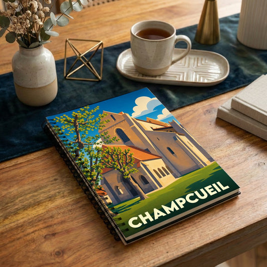 Carnet à spirales souvenir de la ville de Champcueil avec une illustration stylisée de son église.