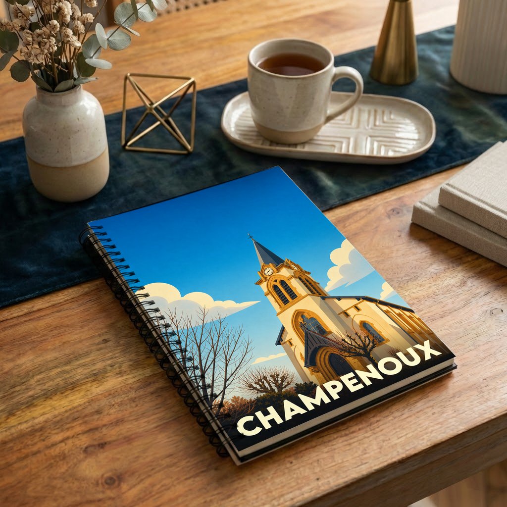 Carnet souvenir à spirale de la ville de Champenoux avec une illustration stylisée de son église.