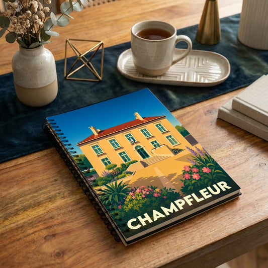 Carnet de notes souvenir de la ville de Champfleur avec une illustration stylisée d'une maison de maître fleurie.
