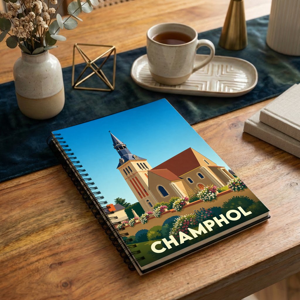 Carnet à spirale souvenir de la ville de Champhol orné d'une illustration stylisée de son église.