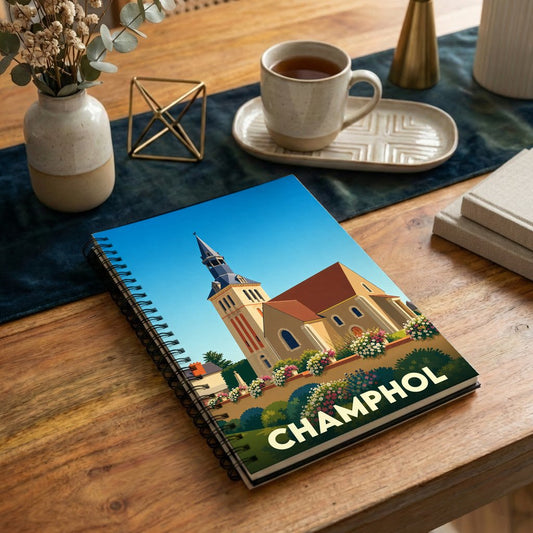 Carnet à spirale souvenir de la ville de Champhol orné d'une illustration stylisée de son église.